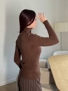 Abrilcols 高领保暖内衬贴身打底长袖毛衣，秋冬季保暖 - 棕色 - 查看 2