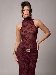 xheSilquee Vestido transparente con estampado floral en terciopelo negro, elegante y sexy, adecuado para otoño/invierno, San Valentín, Navidad, citas, fiestas, bodas y ocasiones formalesxhe - Burdeos - Ver 4