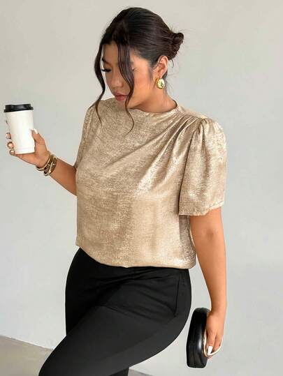 Firerie Plus Size Women's Elegant Office Commuter Blouse With Ruffle Shoulder Puff Sleeves, Gold Color, Suitable For Spring, Autumn And Winter, Elegant, Commuter, Work Attire