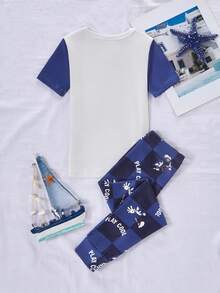 男童可爱卡通印花短袖修身睡衣套装 - 藍色 - 查看 2