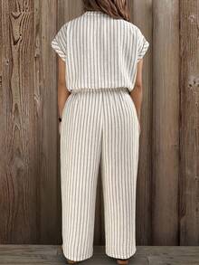 EMERY ROSE 大码梭织条纹度假休闲女式连体裤 - 杏色 - 查看 2