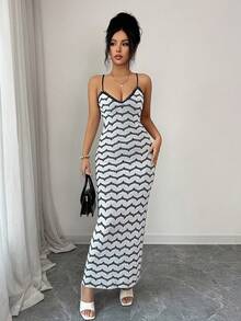 SHEIN Elenzya Wavy Striped Halter Neck Ruffle Trim Spaghetti Strap V-Neck Backless Bow Tie Women Sweater Dress - Multicolor - View 5