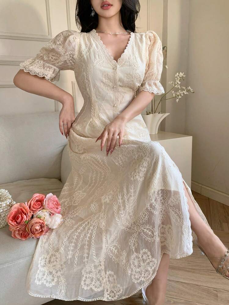 Women's V-Neck Short Sleeve Lace Fabric Waist Cinched Dress, Elegant Sundress