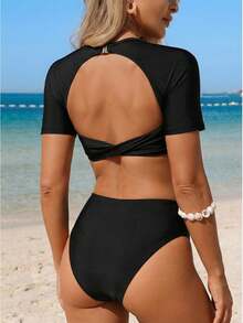 Swim SPRTY 女士露脐运动泳衣上装，黑色 - 黑色 - 查看 3