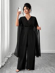 Elenzga بدلة كاجوال طويلة سوداء للسيدات البدينات، بتصميم أنيق بسيط بياقة على شكل حرف V من الشيفون، بأكمام خفافيش واسعة وخصر مربوط لإنحاف الخصر - الأسود - مشاهدة 4