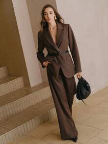 Anewsta Urban Chic Striped Long Sleeve Lapel Blazer Jacket + High Waist Drape Striped Suit Pants Women's Suit Set With Belt - Brown - View 1