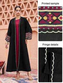 Al Najma Black Flared Robe With Sleeve Print Patchwork And Headscarf Arabic Dress - Black - View 2