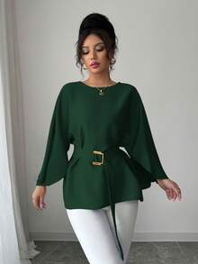 Selianne Women's Round Neck Batwing Sleeve Tie Waist Glossy Red Blouse, Spring/Summer Fall Cloth For Women - Dark Green - View 4
