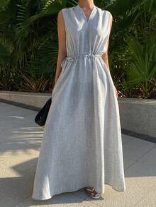 DAZY Đầm không tay cổ yếm, màu trơn, dáng rộng, thắt eo, kiểu dáng thường ngày, thích hợp mặc đi nghỉ dưỡng cho nữ, kiểu đầm mùa xuân/hè. - Xám - Xem 5