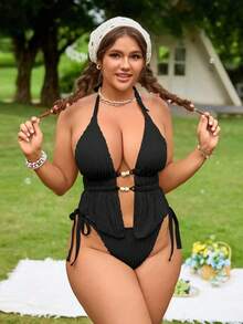 Swim Mod Casual Plus Size Black Plunge Neck Knot Detail Tankini Top And Bikini Bottoms Set In Knitted Fabric - Black - View 4