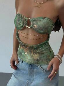 Aloruh Áo croptop gợi cảm phong cách Y2K với cổ khoét sâu đính hạt, trang trí kim loại, họa tiết da báo, chất liệu vải lưới, màu xanh lá cây, thích hợp cho các bữa tiệc, lễ hội âm nhạc, Ngày Thánh Patrick. - màu xanh lá - Xem 5