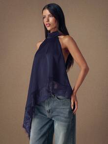 SHEIN BAE 优雅蕾丝拼接露背吊带背心，性感缎面无袖上衣，适合派对、鸡尾酒会、正式场合、圣诞节、商务休闲等场合。 - 藏蓝色 - 查看 5