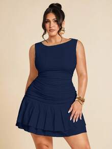 SHEIN BAE Đầm mini hai lớp xếp ly, không tay, màu trắng trơn, dáng ôm sát, dành cho nữ cỡ lớn, thích hợp cho mùa hè, thu/đông, màu xanh lá cây nhạt, đầm hè cho nữ. - Màu xanh hải quân - Xem 4