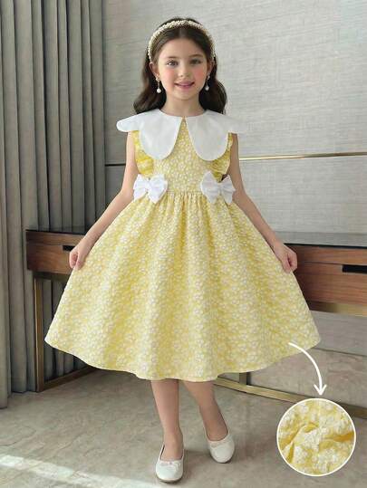 1pc Girls Textured Fabric Floral Asymmetrical Neckline Design Waist Big Bow Frill Trim A-Line Dress, Sweet & Cute, Suitable For Daily Outing, Countryside Fresh Style Girls Lemon Dress Yellow Kids Dress