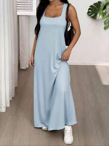 SHEIN EZwear 女士纯色简约设计休闲长裙，夏季 - 藍色 - 查看 6