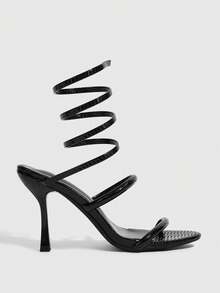 CUCCOO SZL Women's High Heel Sandals, Thin Heel, Snake-Shaped Rhinestone Embellished Valentine's Day - Black - View 4