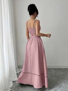 Elenzga 女士优雅吊带上衣和A字型长裙两件套，时尚/度假休闲 - 藕粉色 - 查看 2