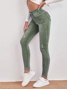 SHEIN LUNE 女士休闲牛仔百慕大短裤 - 軍綠色 - 查看 5