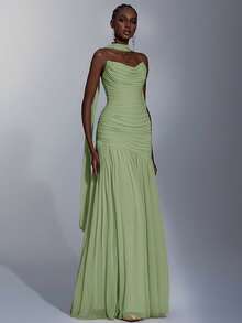 Elitara 优雅薄荷绿极简主义高弹网纱无肩带褶皱腰A字连衣裙，适合约会、单身派对、婚礼、正式场合 - 綠色 - 查看 8