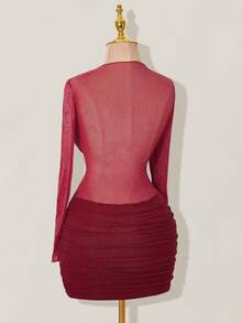 SHEIN ICON 亮面网纱拼接透视褶皱长袖迷你连衣裙 - 紅色 - 查看 7