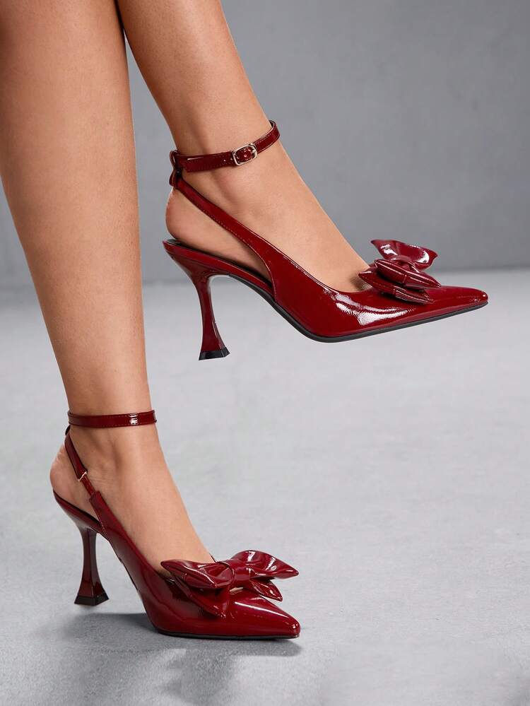 CUCCOO SZL Women's High Heels Pointed Toe Cross Strap Buckle Strap Adjustable 9CM Burgundy Women's High Heels Shoes Elegant Stiletto Shoes Mirror PU Material Cute Big Bow Coffee Brown High Heels Fashion Versatile Suitable For Daily/Party/Commute/Valentine's Day Dating/Christmas/Formal Women's Shoes