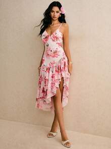 Poéselle Women's Floral Print Asymmetric Ruffle Hem Spaghetti Strap Midi Dress,Blush Pink,Summer,Tropical,Vacation,Holiday Beach Wedding Guest Elegant Dress - Pink - View 5