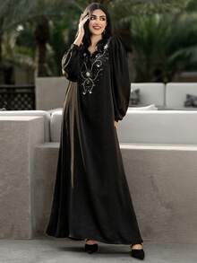 Layrah Abaya Arab Hitam Buatan Tangan dengan Hiasan Berlian Imitasi, Gaun Pesta Malam Mewah dan Elegan Dubai, Gaun Pesta Pernikahan Formal - Hitam - View 7