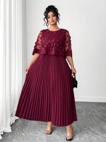 SHEIN PETITE CURVE 大码花卉装饰网纱拼接褶裥下摆连衣裙 - 酒紅色 - 查看 7