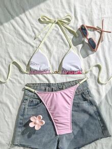 Swim Mod Women's Floral Print Halter Neck Bikini Set,Pink,Summer Vacation Holiday Casual Beach Outfit With Tie-Up Design,Metal Shell Accent Micro Triangle - Pink - View 4