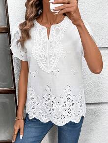 SHEIN Clasi 女士休闲镂空刺绣纯色短袖衬衫，夏季休闲女式衬衫，白色女式衬衫，白色波西米亚风上衣，镂空上衣，夏季女式衬衫，镂空上衣，短袖女式衬衫，白色镂空上衣，乡村风女式衬衫，女士短袖上衣，女士上衣和衬衫，女士上衣，夏季女式上衣，优雅夏季女式上衣，女士夏季服装，蕾丝衬衫，新款优雅蕾丝T恤 - 白色 - 查看 6