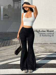 Flexra 女士弹力腰带工装口袋休闲喇叭牛仔裤 - 黑色 - 查看 4