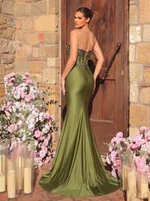 Glamrae Đầm dạ hội dáng đuôi cá gợi cảm, thanh lịch, sang trọng, cao cấp, đa năng, đính ngọc trai và sequin thêu hoa, chất liệu co giãn, xếp ly, có dây đeo vai rời, phù hợp cho đám cưới, sự kiện, tiệc tùng, kỳ nghỉ, dạ hội và các dịp trang trọng. Màu xanh lá cây. - màu xanh lá - Xem 3