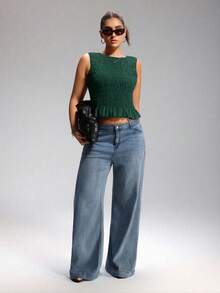 LYSMO 大码女式波西米亚风弹力褶皱红色吊带背心 - 墨綠色 - 查看 5