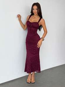 SHEIN PETITE Women's Elegant Lace Patchwork Slip Dress - Red Violet - View 6