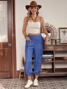 LanaWest Western Style Versatile Denim Pants With Pockets & Ruched Hem, Loose Fit Women Trousers, Suitable For All Seasons - Blue - View 4