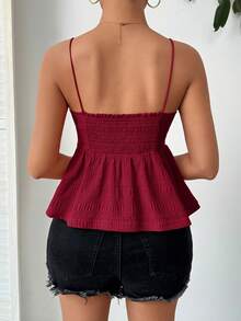SHEIN Essnce 编织纹理A字型纯色荷叶边吊带背心，春夏款 - 酒紅色 - 查看 2