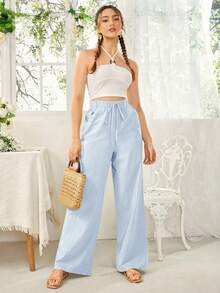 SHEIN Essnce Women's Drawstring Waist Pockets Casual Versatile Wide Leg Pants For Daily Wear - Baby Blue - View 5