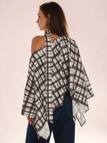 Avenya Loose Fashion Plaid Oblique Shoulder Scarf Design Flowy Blouse - Multicolor - View 5