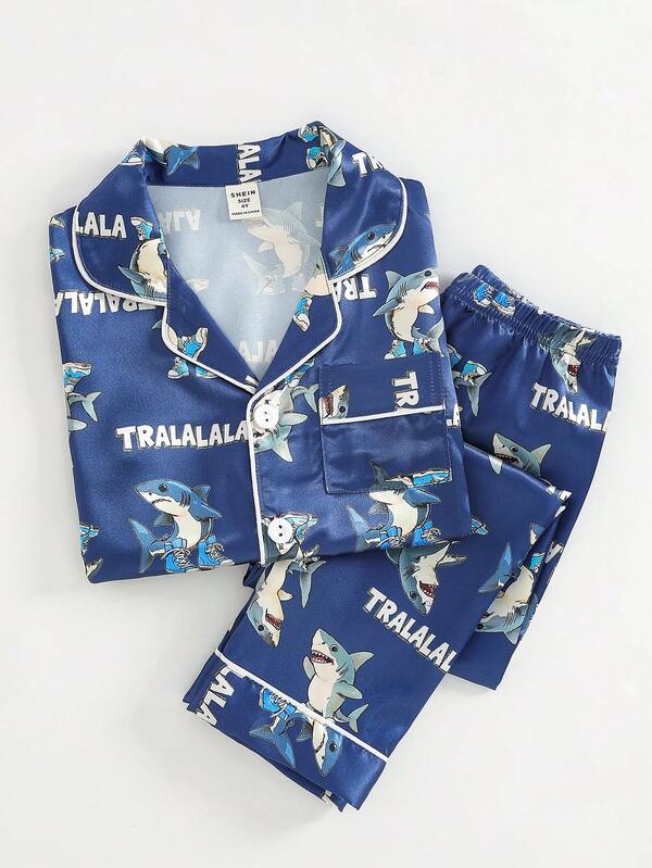 Conjunto de 2 piezas de cardigan de cuello polo y pantalones con estampado gráfico de tiburón lindo para niño pequeño, ropa de estar en casa casual y cómoda
