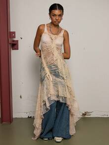 COUREZ 不对称蕾丝吊带长裙 / Y2K 冬季女装外出穿搭黑色连衣裙女式派对礼服圣诞节新年性感优雅 - 奶油色 - 查看 6