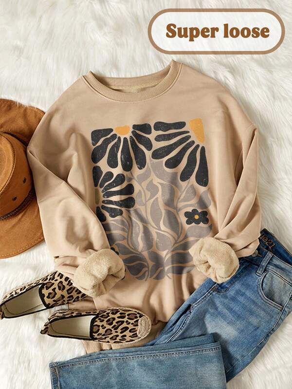Attitoon Casual Minimalist Geometric Floral Print Round Neck Loose Fit Plus Size Women Sweatshirt, Autumn/Winter