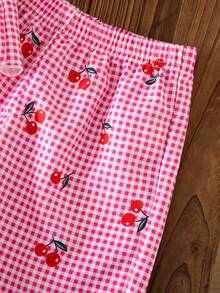 Young Girl Summer Casual Plaid Cherry Print Camisole And Shorts Set - Hot Pink - View 5