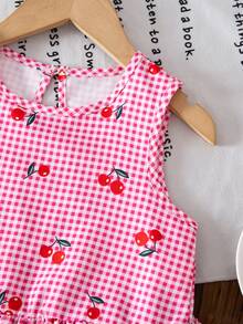 Young Girl Summer Casual Plaid Cherry Print Camisole And Shorts Set - Hot Pink - View 7