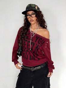 StreetHx Áo sweatshirt dài tay nữ màu xám, vai lệch, kiểu dáng sinh viên, in họa tiết Anh Quốc bạc màu, đính đinh tán, phong cách punk Y2K cá tính. - Đỏ - Xem 5