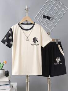 Vacaura 2pcs/Set Boys' Casual Contrast Color Patchwork Asymmetrical T-Shirt Set, Front Graphic Decor, Fashion Minimalist Design Suitable For Daily, Commute, Leisure, Sports - Multicolor - View 4