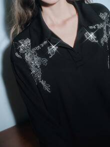 Anewsta 女士优雅百搭秋季卫衣，饰有串珠刺绣，黑色长袖套头衫 - 黑色 - 查看 7