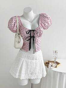 Elamini 可爱波点蝴蝶结泡泡袖U领短袖女式衬衫 - 粉色 - 查看 3