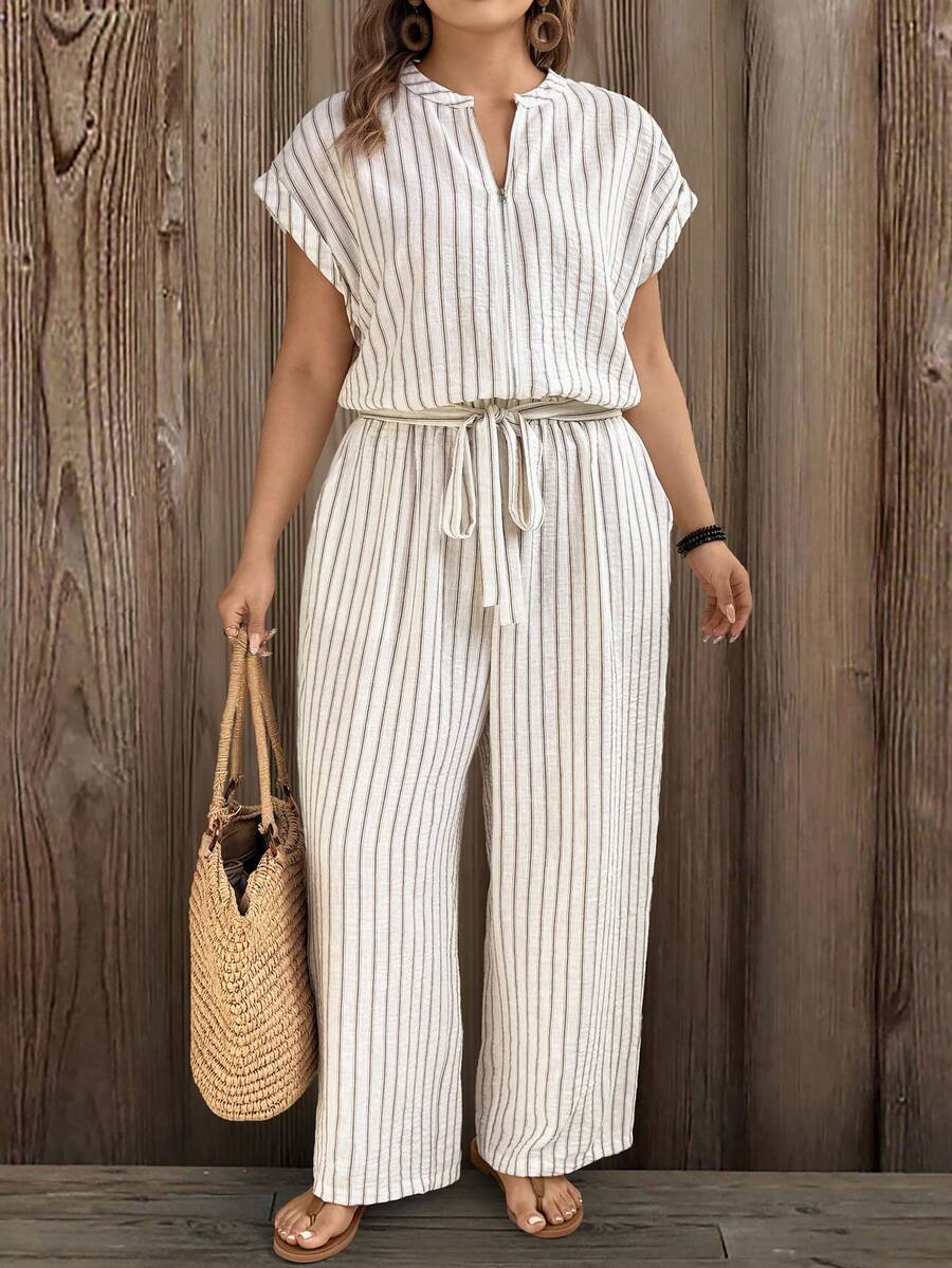 EMERY ROSE 大码梭织条纹度假休闲女式连体裤 - 杏色 - 查看 1