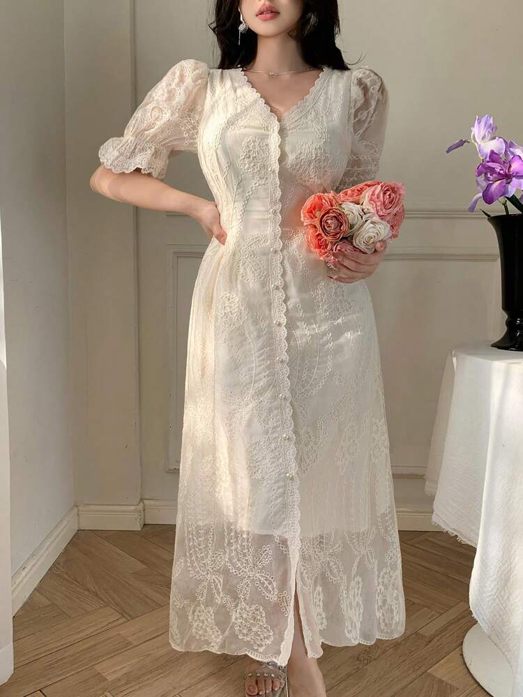 Women's V-Neck Short Sleeve Lace Fabric Waist Cinched Dress, Elegant Sundress