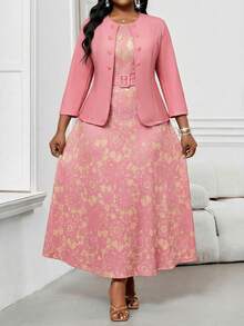 SHEIN Lady 2件套加大码女式商务抽象波浪印花简约圆领系带度假中长连衣裙套装外出穿搭两件套 - 粉色 - 查看 1